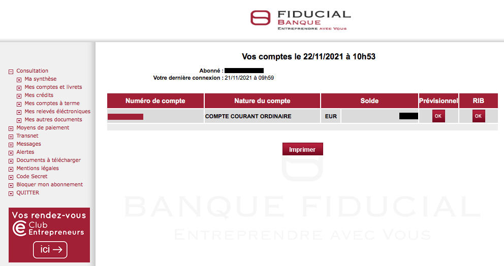 Compte pro Banque Fiducial : interface
