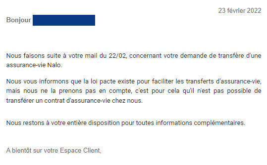 Transfert assurance vie Boursorama Vie refusé