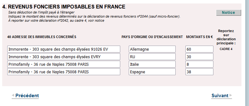 Cadre 4 imposition SCPI étrangères : Allemagne Royaume-Uni, Italie, Espagne