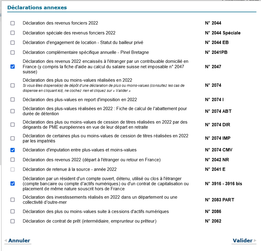 Déclaration des revenus encaissés sur un CTO (compte-titres ordinaire) d'un courtier étranger : les formulaires annexes à renseigner : 2047, 2074, 3916