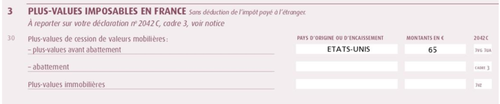 Déclaration des plus-values imposables (avant abattement)