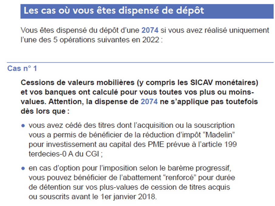 Cas de dispense de dépôt 2074