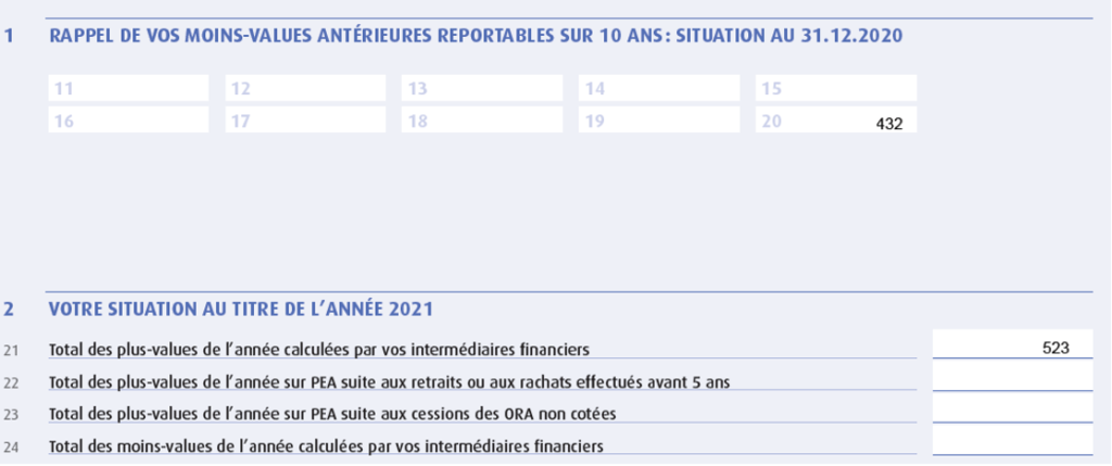 Rappel des moins-values antérieures reportables sur 10 ans.