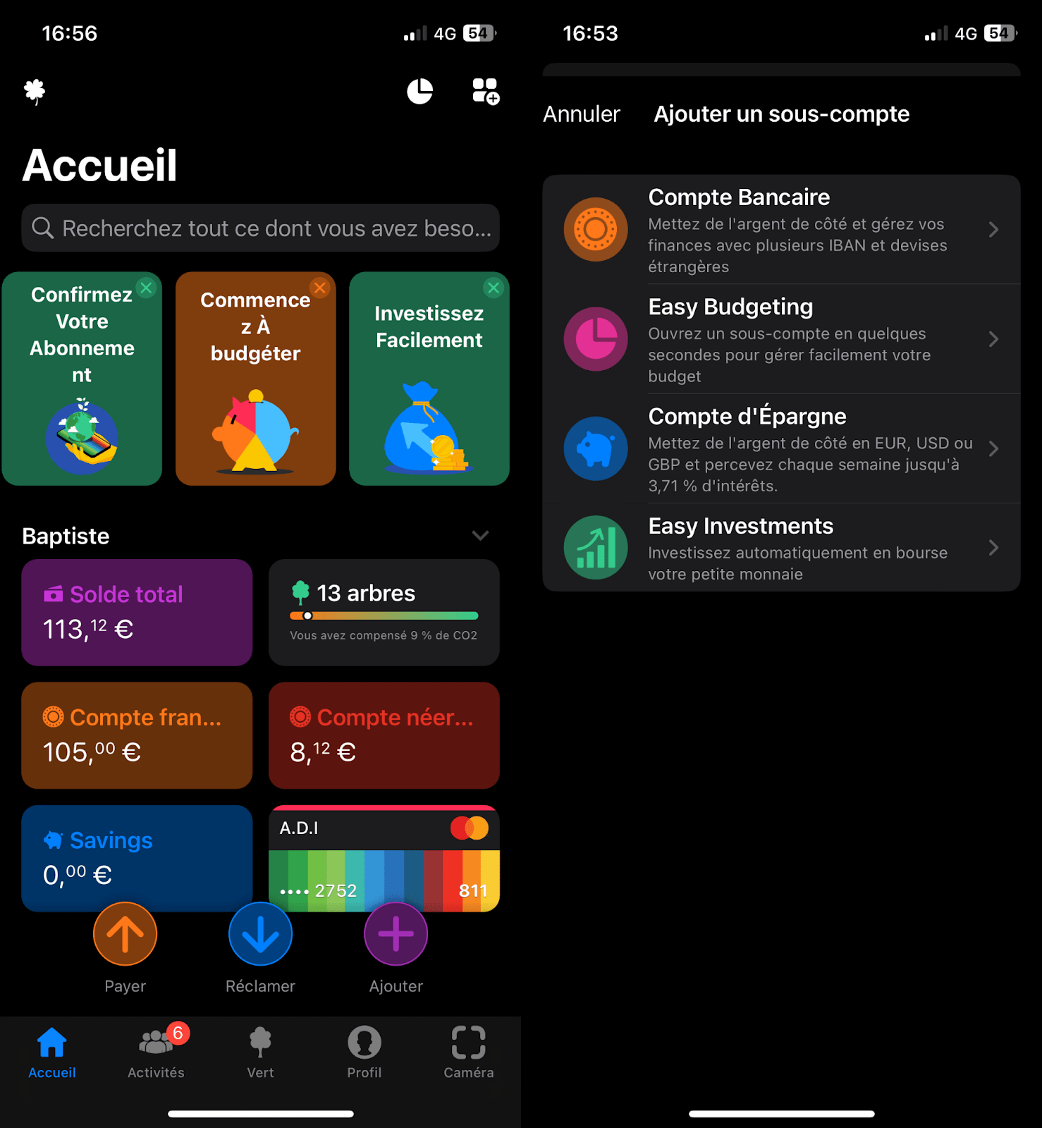 Accueil et interface de Bunq