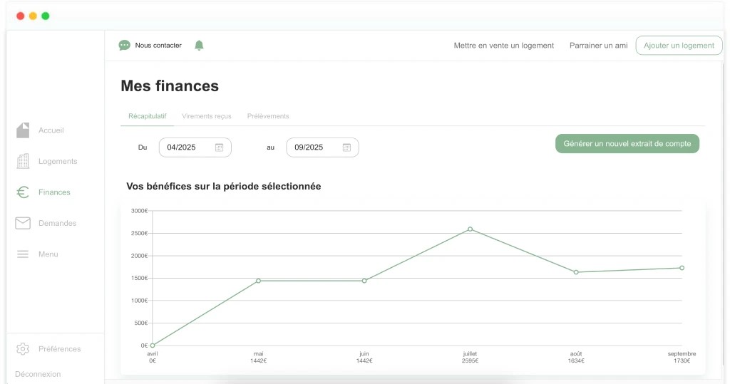 Visuel de l'interface Manda pour le suivi des loyers perçus par le propriétaire
