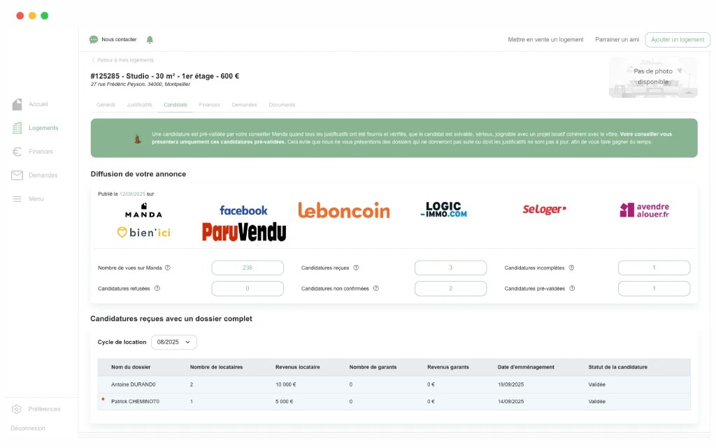 Visuel de l'interface Manda montrant le choix et la sélection du locataire