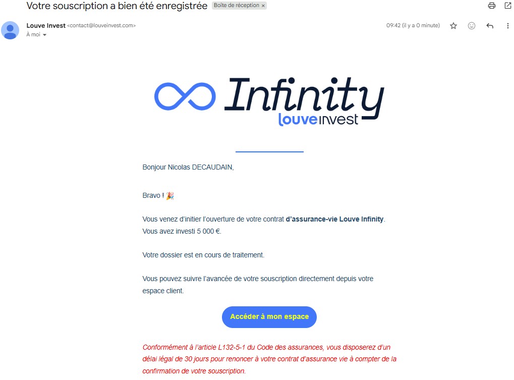 Louve Infinity finalisation souscription assurance vie mail