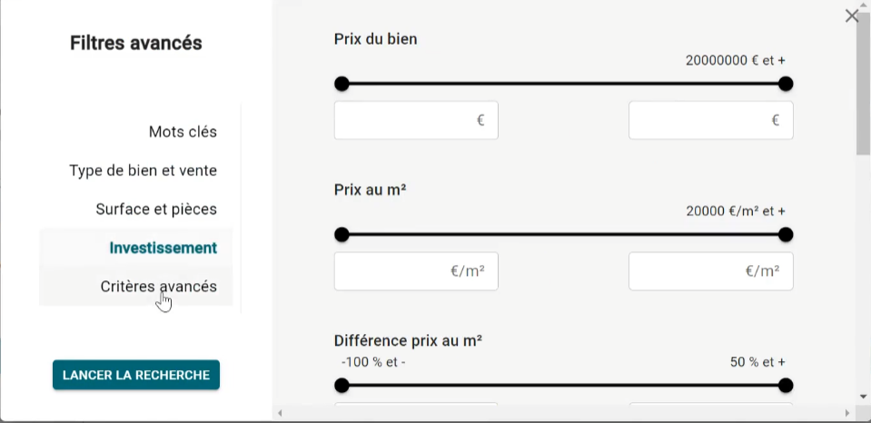 Immoscan recherche immobilière filtre avancés investissement